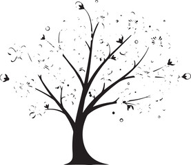 Whimsical silhouette of a stylized tree with intricate, airy branches adorned with delicate, abstract blossoms.