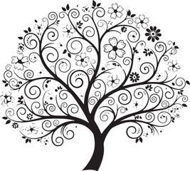 Fototapeta premium Ornate silhouette of a flourishing tree with decorative swirling branches and numerous flowers, symbolizing life and beauty.
