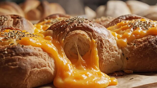Close up of baked cheese bread loaves with golden melted cheese on parchment paper