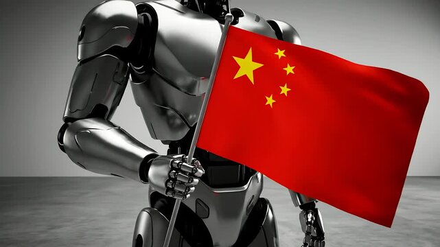 Futuristic robot holding the flag of China