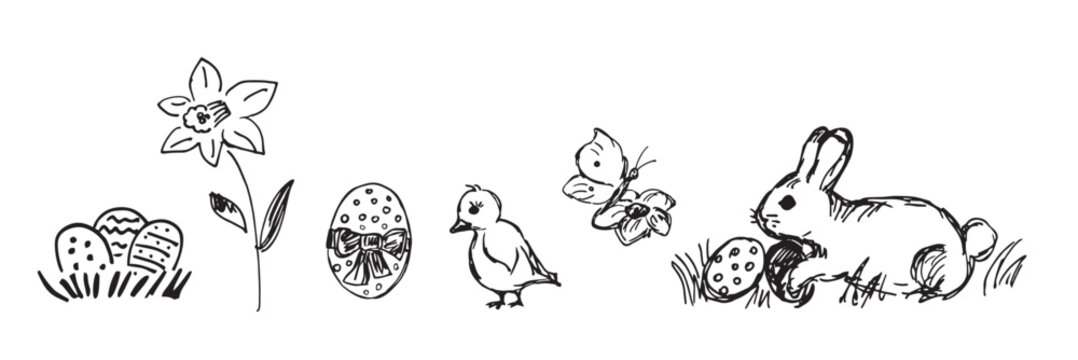 Easter hand drawn symbols, vector illustration drawing.
