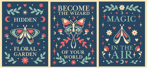 Fototapeta premium Spring seasonal posters with sacred positive affirmations. Witchcraft inspired folk graphics with moths, flowers, butterflies and quotes.