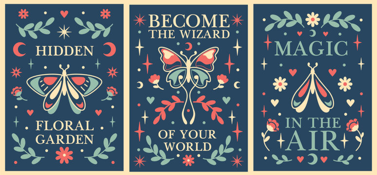Spring seasonal posters with sacred positive affirmations. Witchcraft inspired folk graphics with moths, flowers, butterflies and quotes.