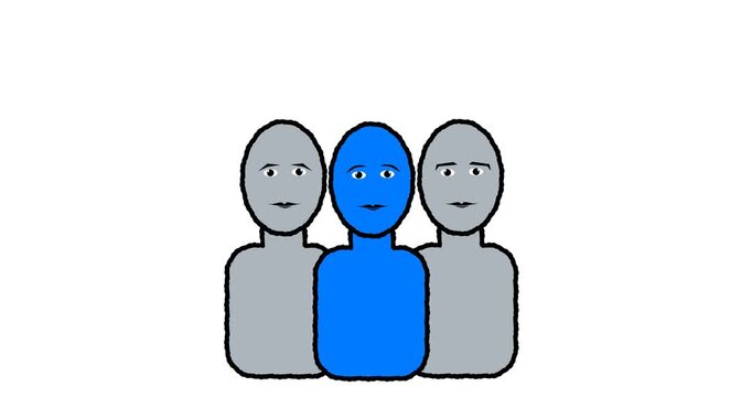 Hand drawn animated team of people with blue and grey silhouettes and yellow rays. Teamwork, cooperation, leadership and HR business concept doodle sketch. 4K loop.