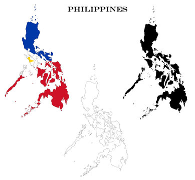 Philippines Country Maps Bundle with National Flag, Black Silhouette and Detailed Outline Contours