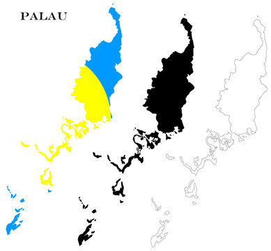 Palau Country Maps Bundle with National Flag, Black Silhouette and Detailed Outline Contours