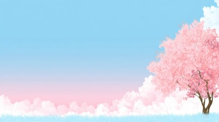 Fototapeta premium Serene Spring Landscape with Pink Cherry Blossom Tree under Blue Sky and White Clouds at Sunset in Pastel Color Palette for Tranquil Backdrop