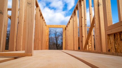 New construction framing, low angle perspective, leading lines, doorway view to trees and sky, new beginnings, home building, architecture
