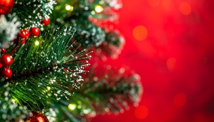 A close-up view of a decorated Christmas tree with colorful lights and bright red background
