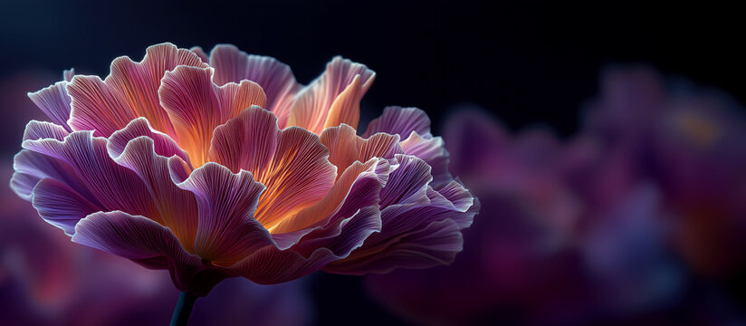 Purple and orange flower macro with layered petals and dark blurred background. Close up of vibrant blossom with detailed veins and glowing center in soft bokeh light