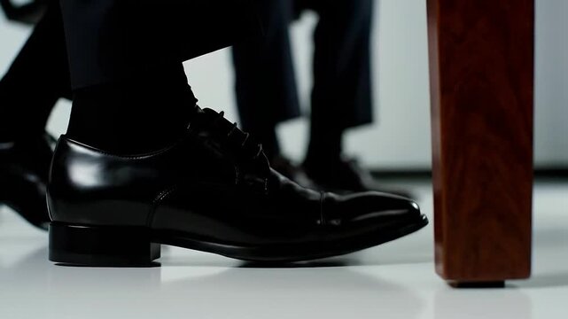Anxious businessman tapping black leather shoe under desk