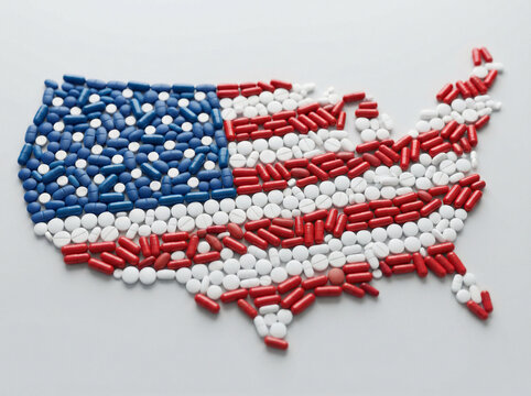 United States map, USA map, US flag, pharmaceutical pills, capsules, medication, healthcare industry, medical concept, pharmacy, clinical, macro, high resolution, close-up, stock photography, editoria