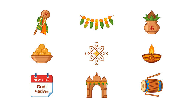Vector Flat Icon Set for Gudi Padwa Marathi New Year Featuring Gudi Flag, Kalash, Rangoli, Diya, and Indian Cultural Celebration Symbols
