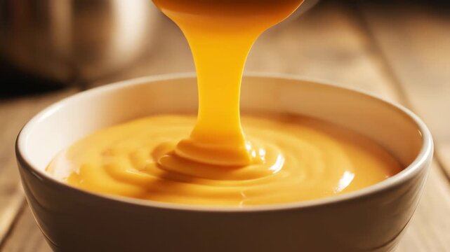 Orange liquid poured into bowl close up food photography