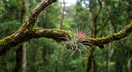 Obraz premium Air plant tillandsia growing on a mossy tree branch in a lush tropical forest. Nature concept for botanical garden display.
