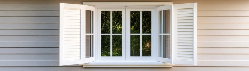 Fototapeta premium Open White Plantation Shutters on a Window, Reflecting Greenery, Cozy Home Exterior, Architectural Detail, House Facade, Cottagecore, Traditional Home