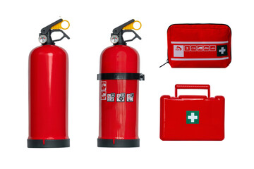 fire extinguisher and first aid kit isolated on white background