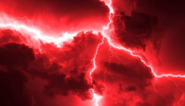 A dramatic depiction of intense red lightning striking through dark storm clouds