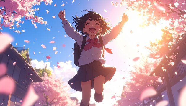 桜吹雪の中で跳ぶ新入生