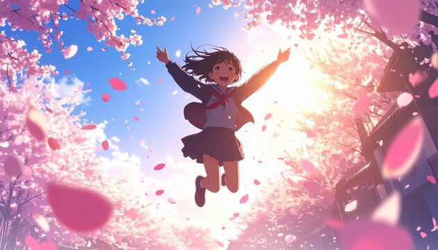 桜吹雪の中で跳ぶ新入生