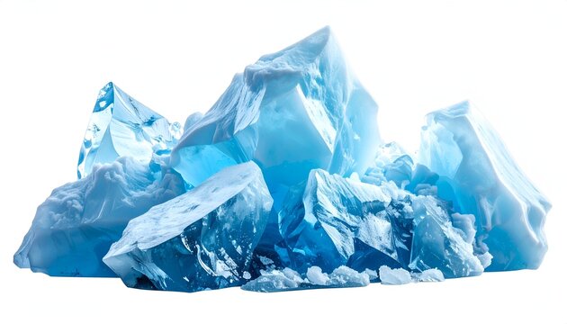 A stunning collection of translucent blue ice crystals, glimmering in bright lighting