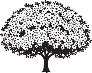 Fototapeta premium Dense, blooming tree silhouette in black and white, densely packed with small flowers, symbolizing abundance and nature.