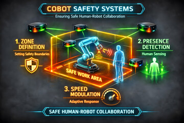 Collaborative Robot Safety Zone and Human-Robot Interaction Infographic for Industrial Safety