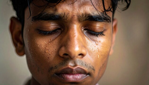A young man with tears streaming down his face, eyes closed in sorrow, captured in a close-up portrait, expressing deep emotional pain and distress