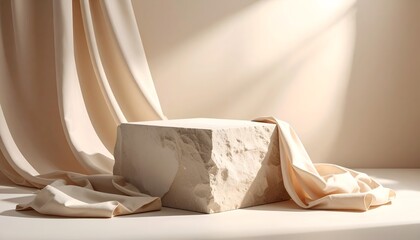 A textured stone block draped in soft fabric under gentle light, creating a serene ambiance