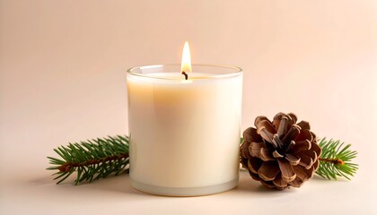 A lit white candle sits surrounded by pine branches and a pine cone against a soft background