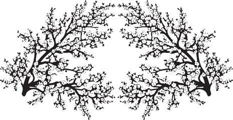 Fototapeta premium Symmetrical black and white vector design featuring two blossoming trees facing each other, symbolizing harmony, balance, and the vibrant spirit of spring.