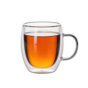 A glass mug of tea on a white background
