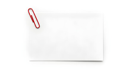 Blank white paper with a red paperclip attached on a white background, perfect for notes, messages or reminders.
