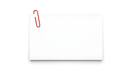 Plain white note card secured with a vibrant red paperclip against a clean white background, ideal for messages and memos.