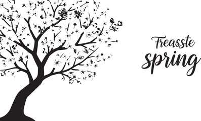 Leaning black silhouette of a tree bursting with delicate blossoms and leaves, juxtaposed with elegant script text 'Freasste spring' on a white background.