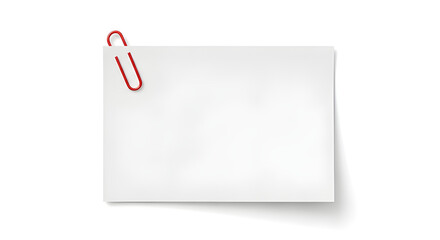 A clean white sheet of paper is fastened by a bold red paperclip, set against a white backdrop for text or design.