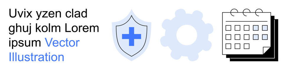 Obraz premium Healthcare, workflow management, scheduling, protection, medical services, digital tools. A medical shield, gear icon and calendar. Healthcare and workflow management concepts
