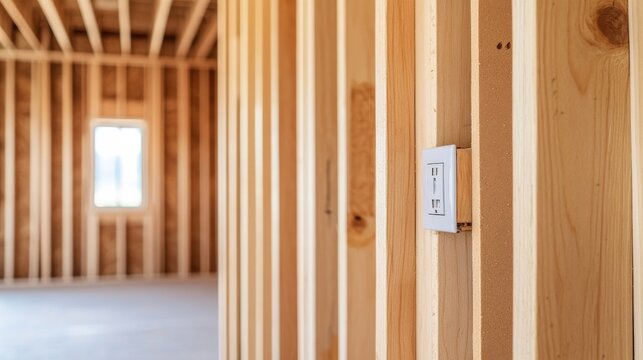 Wooden Frame Electrical Outlet New Construction Interior, Close-up on wall stud and power receptacle, Softly blurred window in background. Construction, Home Build