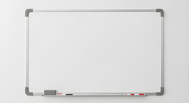 A blank white whiteboard with a marker tray holding markers and an eraser, ready for notes and ideas in a modern setting.