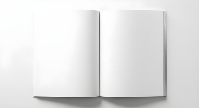 An open blank book with clean white pages lies flat on a white surface, ideal for writing, journaling or design mockups.