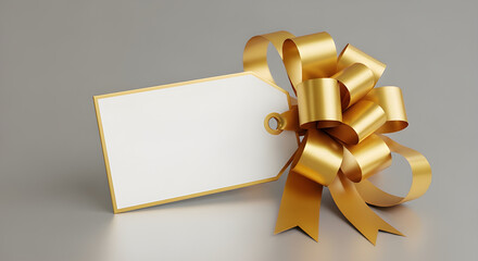 A decorative gold bow attached to an empty white gift tag on a neutral background, offering space for customization and branding.