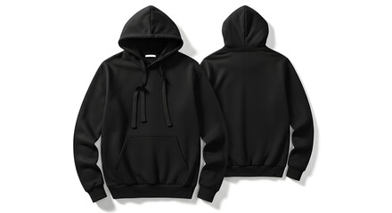 Black hoodie mockup front and back view on a white background, blank template for design and branding