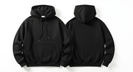 Black hooded sweatshirt mockup, front and back, clean studio shot with copy space for your designs