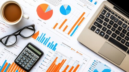 Obraz premium Flat lay clean financial planning desk with open laptop notebook calculator smartphone coffee cup glasses and printed charts on white background