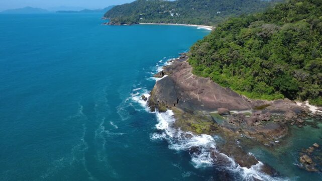 Drone Aerial View of Praia das Conchas in Ubatuba Brazil &ndash; Rocky Tropical Coastline
