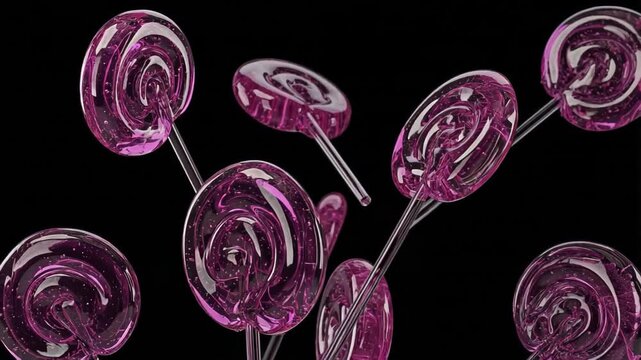 Slowmoving shiny magenta candies with striped sticks and bright reflections
