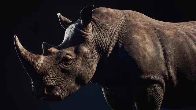 Majestic Rhinoceros in Dark Studio Setting, Close-Up Profile of Powerful Horned Beast.