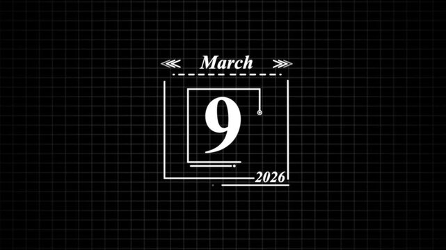 March 9 ,2026 Date Display with Grid Background calendar. Highlighting date Very important date on the calendar.