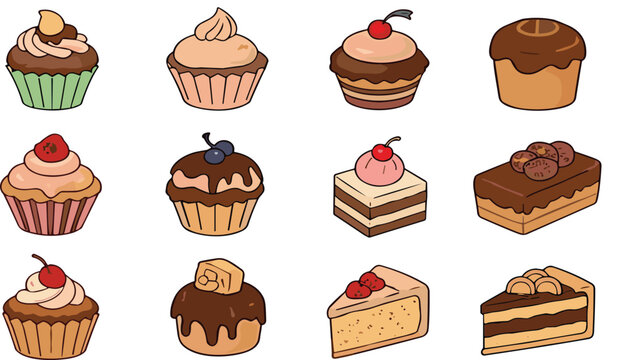 Cute cupcake and cake slice cartoon vector set with sweet dessert collection for bakery menu design