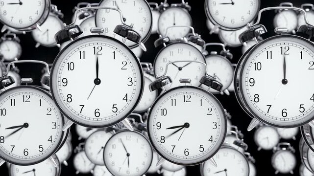 Black retro alarm clocks flying horizontally in a seamless loop. Ideal for deadline pressure concepts, time management, the uncontrollable passage of time, and Daylight Saving Time backgrounds.